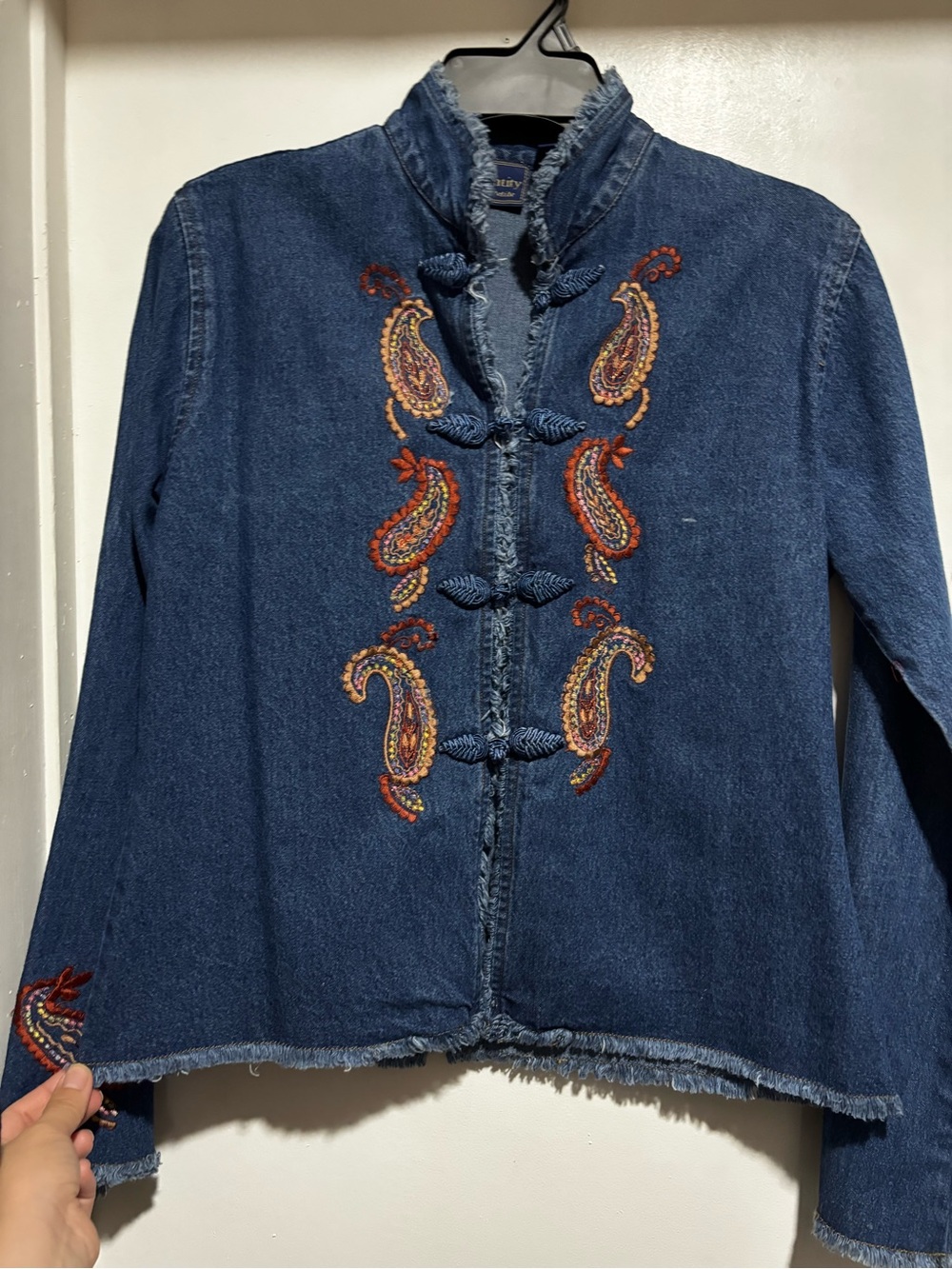 70’s Paisley-Embroidered Dark Blue Denim Jacket with Frog Closures